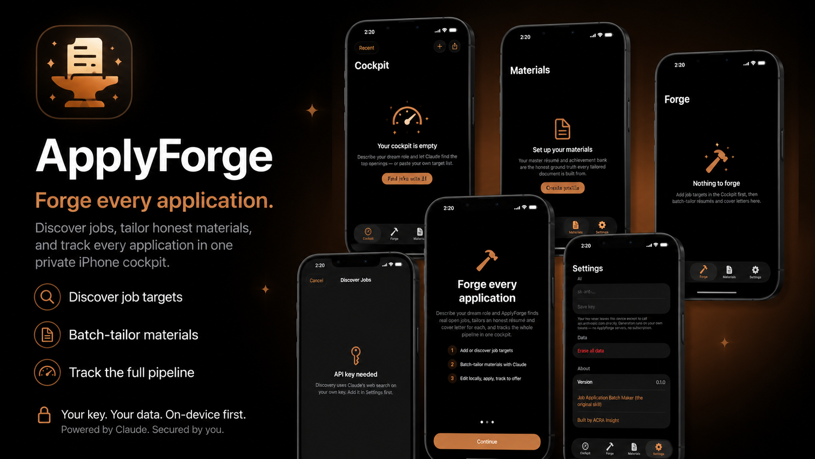 ApplyForge — screens showing the Cockpit, Materials, Forge, Discover Jobs, and Settings