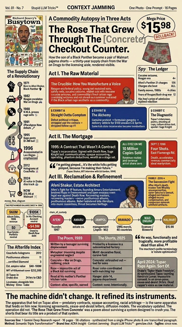 Gemini-made magazine-style infographic — 'A Commodity Autopsy in Three Acts / The Rose That Grew Through The [Concrete] Checkout Counter' — Vol.01 No.7, Stupid LLM Tricks™, with the Busytown illustration on the left and the full chain-of-custody and supply-chain diagrams arranged across three acts.