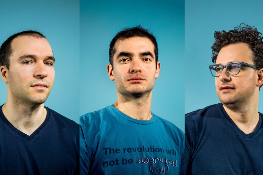 An archival 2020 MIT Technology Review photo collage of Greg Brockman, Ilya Sutskever, and Dario Amodei, from when all three worked at OpenAI.